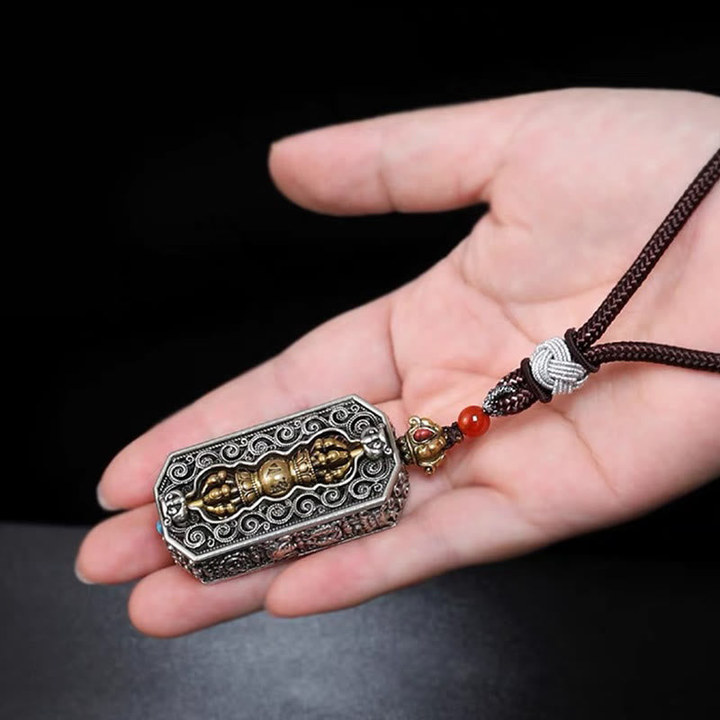 Buddha Stones チベット彫刻 回転式ドルジェ(ヴァジュラ) Om Mani Padme Hum入り 蓮模様 清浄ペンダント ネックレス