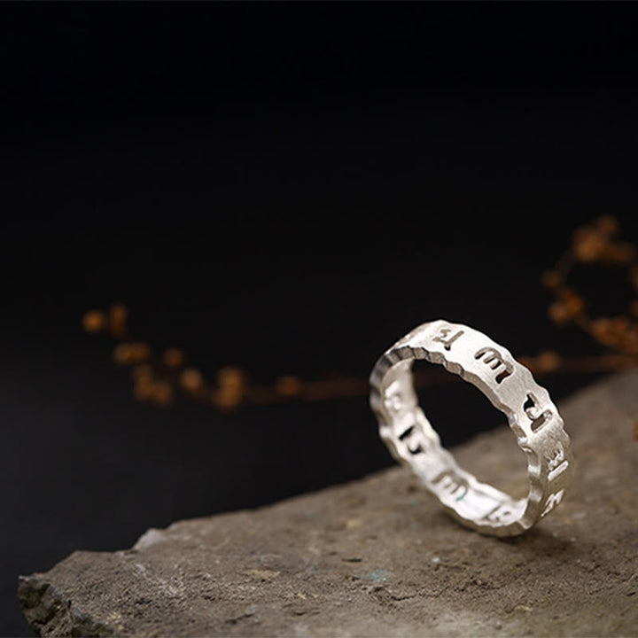 Buddha Stonesチベット 925 スターリングシルバー オム・オーム・マニ・パドメ・フム平和中空リング