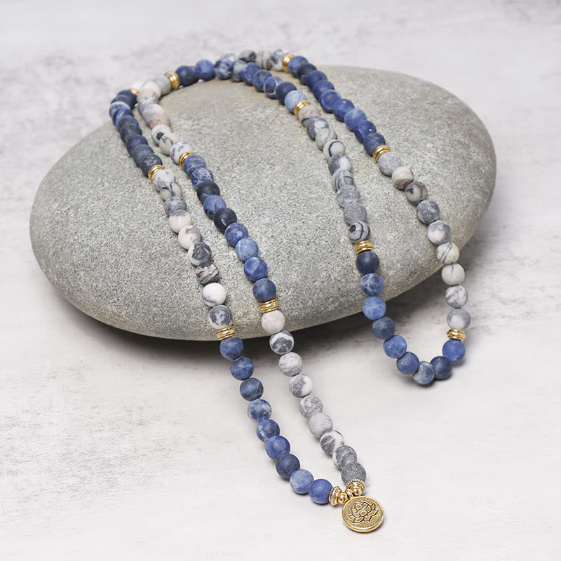 Buddha Stones 108 天然ピカソジャスパー&ブルーストーンMalaロータスペンダントブレスレット