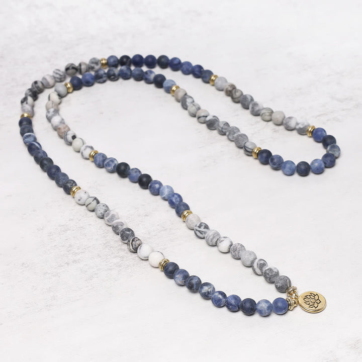 Buddha Stones 108 天然石Malaビーズ 蓮のペンダント ブレスレット