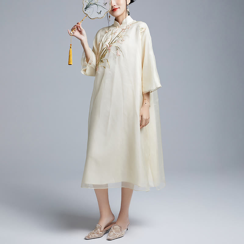 Buddha Stones 100% マルベリーシルク 6匁 ドレス ヴィンテージ フラワー バタフライ 刺繍 チーパオ ドレス レディース チャイナドレス