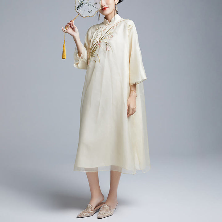 Buddha Stones 100% マルベリーシルク 6匁 ドレス ヴィンテージ フラワー バタフライ 刺繍 チーパオ ドレス レディース チャイナドレス