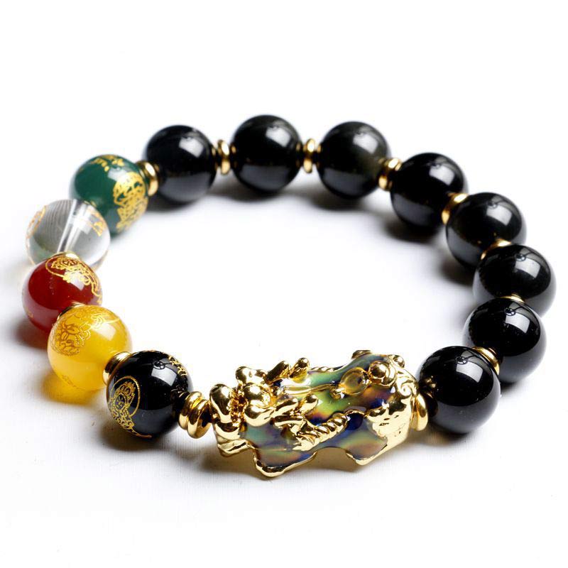 Buddha Stonesの色が変わるPiXiu黒曜石の開運財運ブレスレット - 0.47インチ(12mm) - image 1