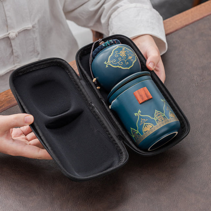 Buddha Stonesの花 中国 功夫陶器 ティーポット ポータブル アウトドア 旅行用 ティーセット バッグ