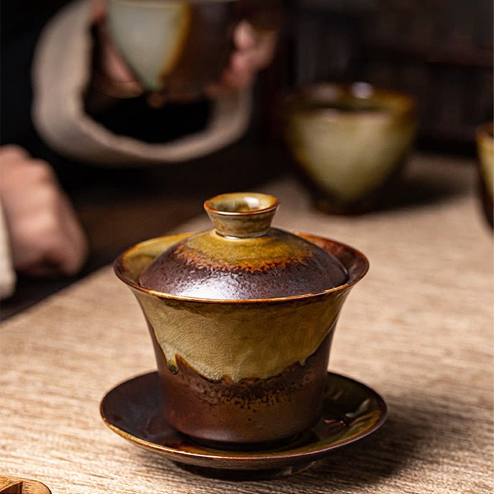 Buddha Stonesヴィンテージ ブラウン 窯変デザイン 磁器 セラミック 蓋碗 三彩 ティーカップ カンフー ティーカップ&ソーサー 蓋付き