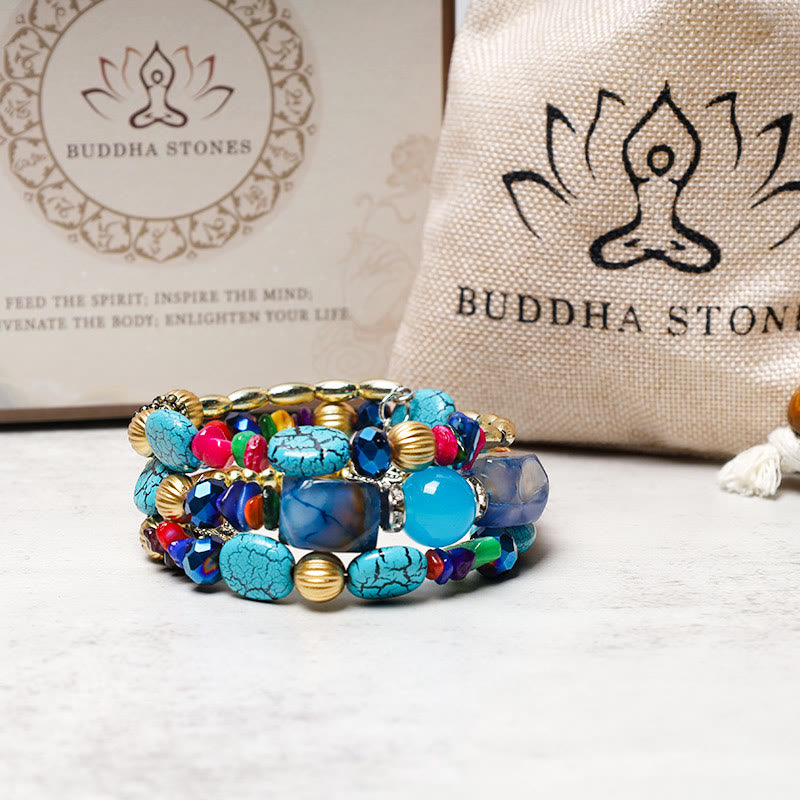 Buddha Stones多層不規則ターコイズ瑪瑙ビーズ 祝福ブレスレット