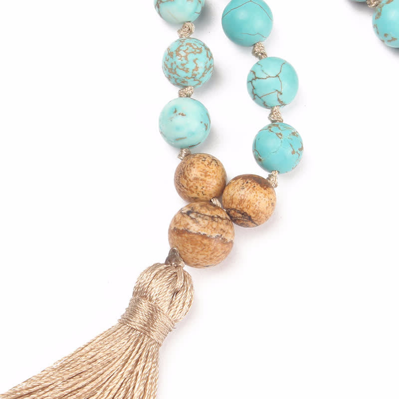 Buddha Stones108個入りMalaビーズ ターコイズ ピクチャージャスパー ウィズダムタッセルブレスレット