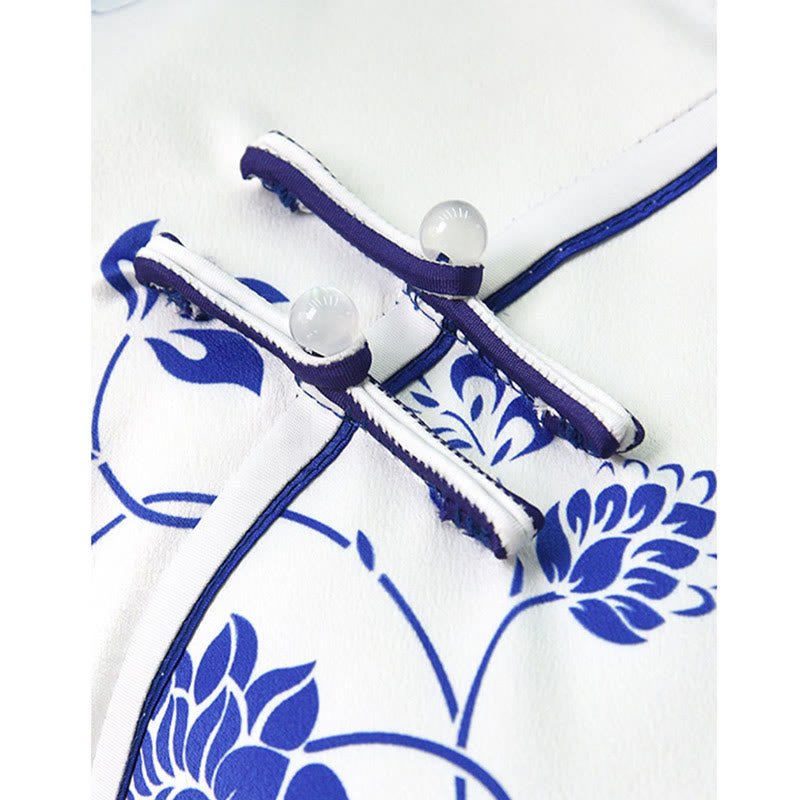 Buddha Stonesの青と白の磁器色の牡丹の花柄のチャイナドレスレディースチーパオドレス - image 10