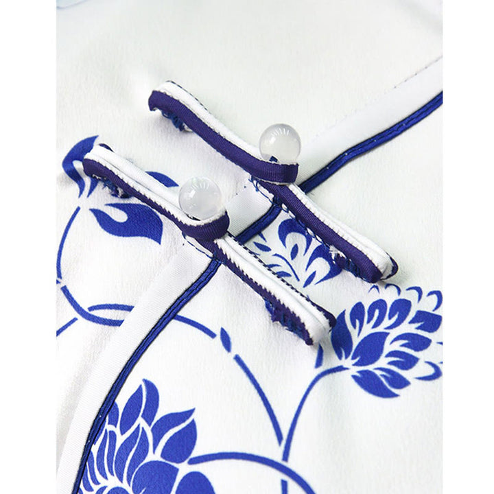 Buddha Stonesの青と白の磁器色の牡丹の花柄のチャイナドレスレディースチーパオドレス - image 10