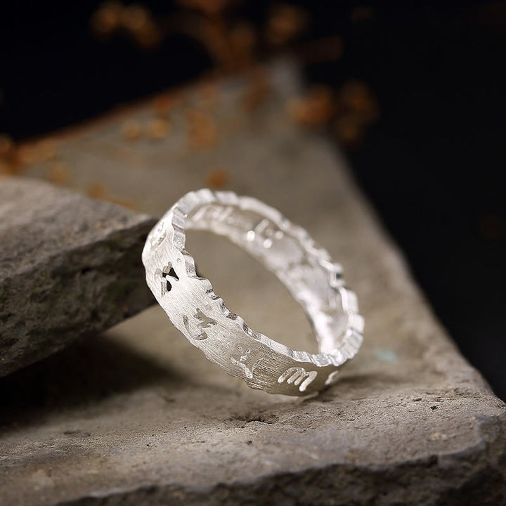 Buddha Stonesチベット 925 スターリングシルバー オム・オーム・マニ・パドメ・フム平和中空リング