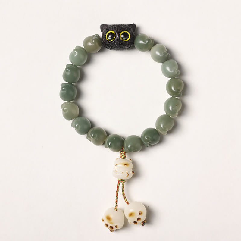 Buddha Stones天然菩提樹 愛らしい足跡黒檀招き猫 知恵のブレスレット - グリーンボディシード - タッセルバージョン(手首周り14~15cm) - image 15