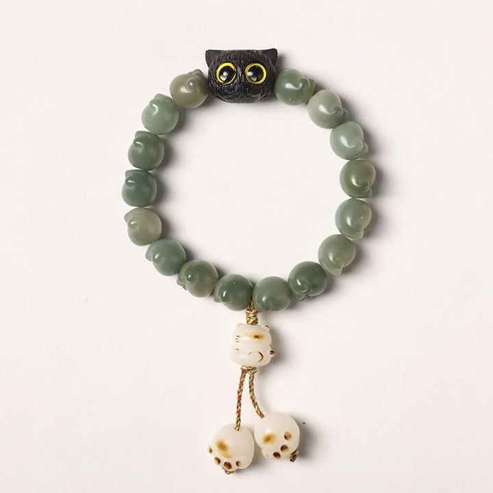 Buddha Stones天然菩提樹 愛らしい足跡黒檀招き猫 知恵のブレスレット - グリーンボディシード - タッセルバージョン(手首周り14~15cm) - image 15