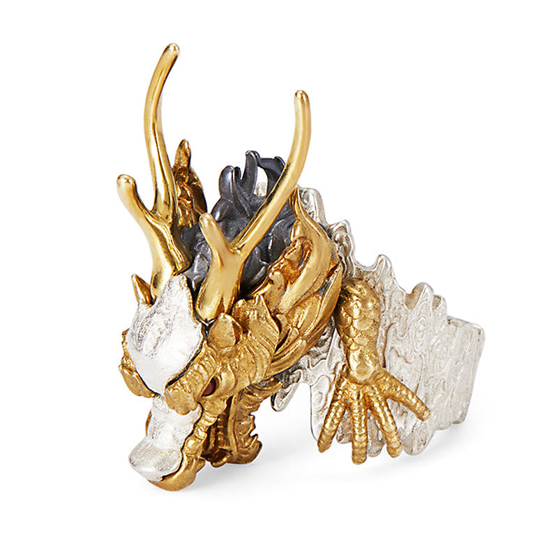 Buddha Stones925スターリングシルバー ドラゴン 幸運 成功 守護 調節可能 リング ペンダント