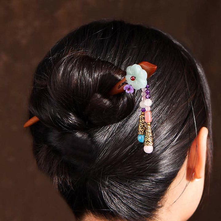 レッドサンダルウッド、アメジスト、アベンチュリンのお守りヘアピン装飾