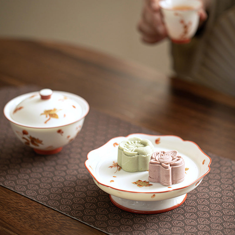 Buddha Stones、白磁の花、陶器、蓋付き蓋碗三彩ティーカップ、カンフーティーカップ&ソーサー
