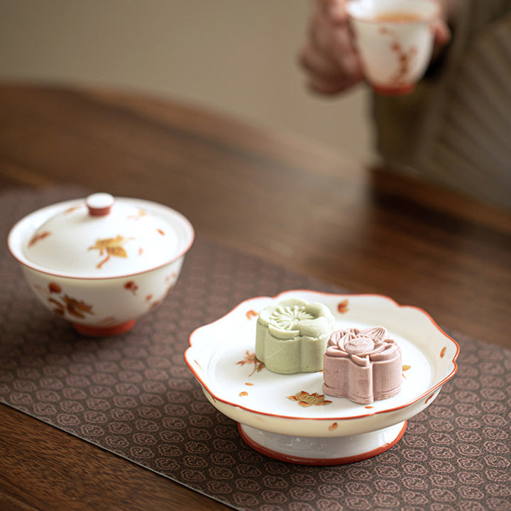 Buddha Stones、白磁の花、陶器、蓋付き蓋碗三彩ティーカップ、カンフーティーカップ&ソーサー