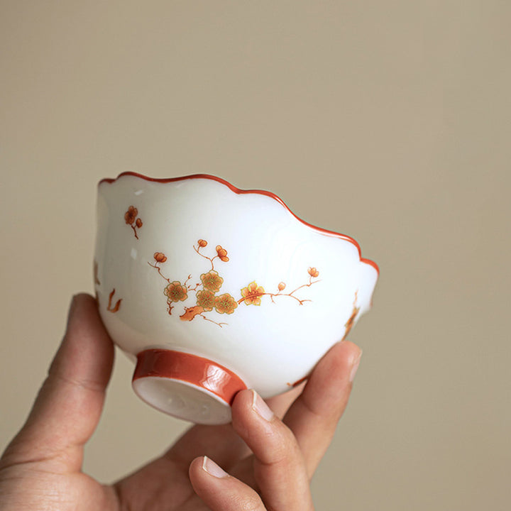 Buddha Stones、白磁の花、陶器、蓋付き蓋碗三彩ティーカップ、カンフーティーカップ&ソーサー