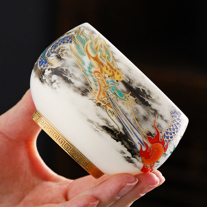 Buddha Stones龍と真珠の遊び模様白磁陶器ティーカップカンフーティーカップ160ml