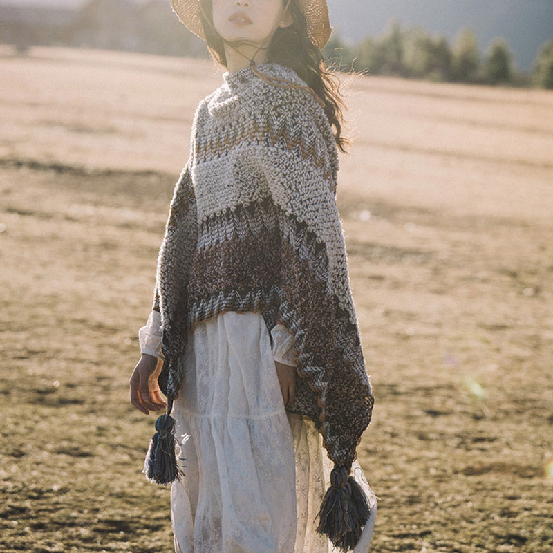 Buddha Stonesチベットショール グレーブラウンストライプ ニットタッセル 冬用 心地よい旅行用スカーフ ラップ