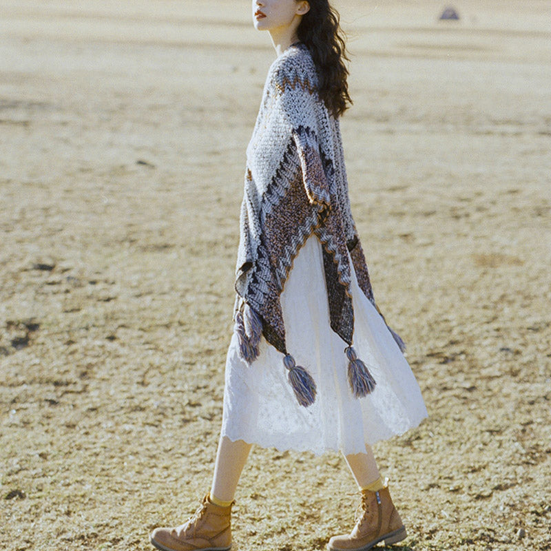 Buddha Stonesチベットショール グレーブラウンストライプ ニットタッセル 冬用 心地よい旅行用スカーフ ラップ