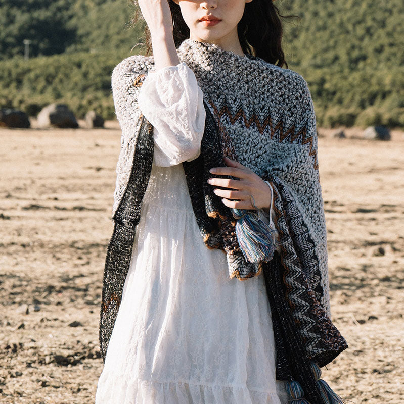 Buddha Stonesチベットショール グレーブラウンストライプ ニットタッセル 冬用 心地よい旅行用スカーフ ラップ