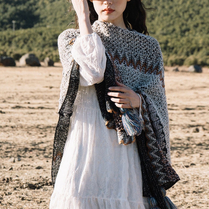 Buddha Stonesチベットショール グレーブラウンストライプ ニットタッセル 冬用 心地よい旅行用スカーフ ラップ