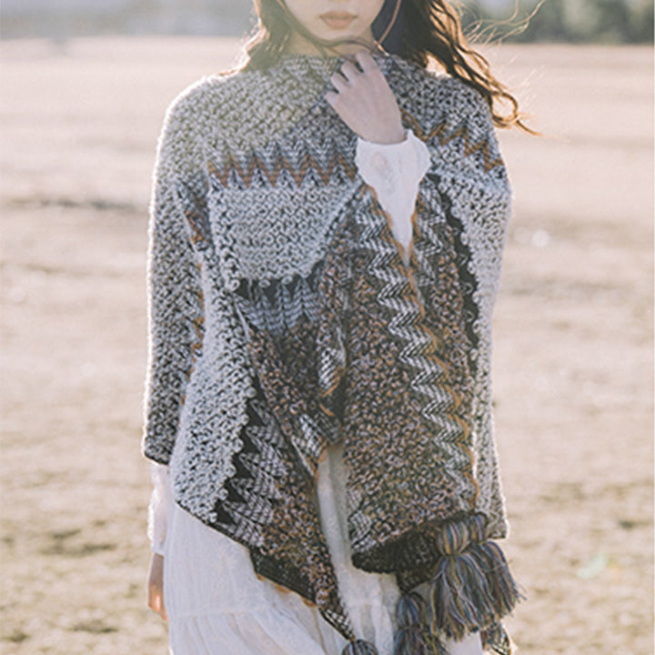 Buddha Stonesチベットショール グレーブラウンストライプ ニットタッセル 冬用 心地よい旅行用スカーフ ラップ