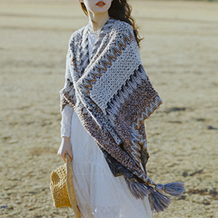 Buddha Stonesチベットショール グレーブラウンストライプ ニットタッセル 冬用 心地よい旅行用スカーフ ラップ