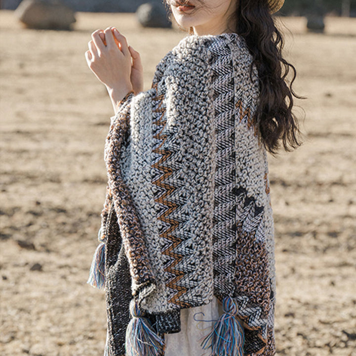 Buddha Stonesチベットショール グレーブラウンストライプ ニットタッセル 冬用 心地よい旅行用スカーフ ラップ