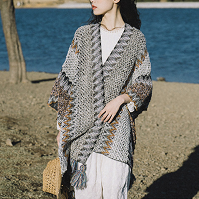 Buddha Stonesチベットショール グレーブラウンストライプ ニットタッセル 冬用 心地よい旅行用スカーフ ラップ