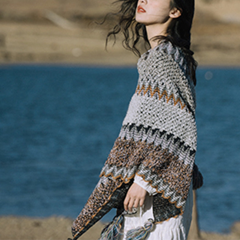 Buddha Stonesチベットショール グレーブラウンストライプ ニットタッセル 冬用 心地よい旅行用スカーフ ラップ