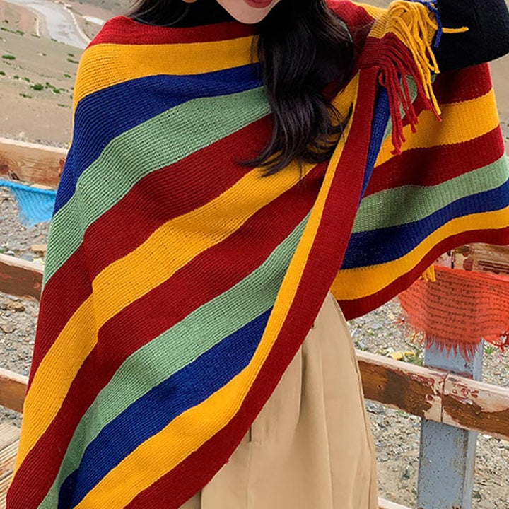 Buddha Stonesチベット カラフル ストライプ デザイン ショール タッセル プルオーバー 冬 快適 旅行用 スカーフ ラップ