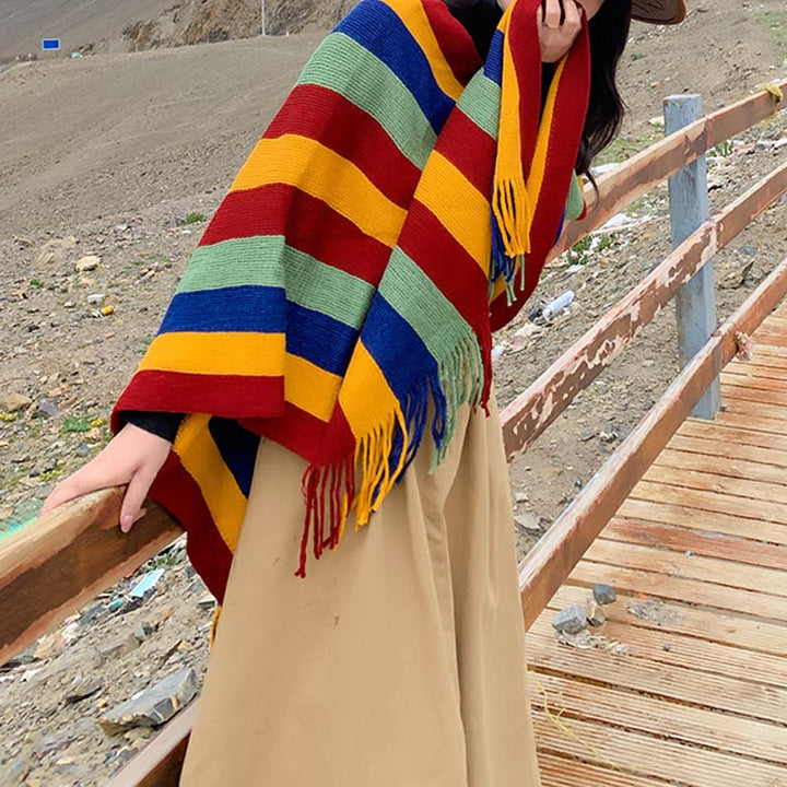 Buddha Stonesチベット カラフル ストライプ デザイン ショール タッセル プルオーバー 冬 快適 旅行用 スカーフ ラップ