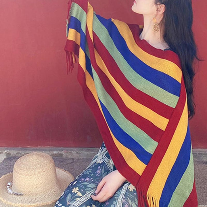 Buddha Stonesチベット カラフル ストライプ デザイン ショール タッセル プルオーバー 冬 快適 旅行用 スカーフ ラップ
