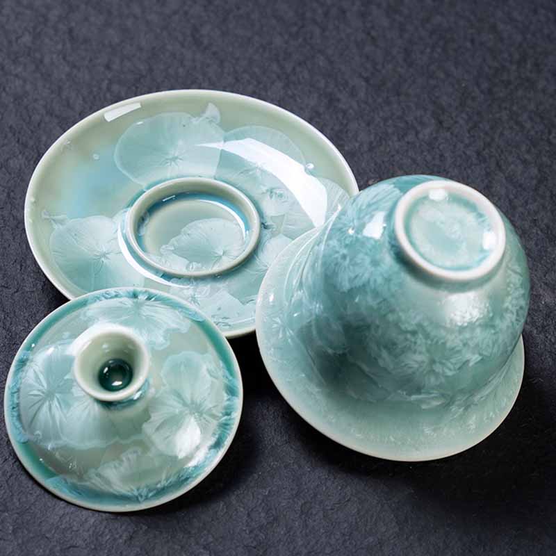 Buddha Stones伝統釉陶器蓋碗三彩ティーカップ カンフーティーカップ&ソーサー 蓋付き 180ml