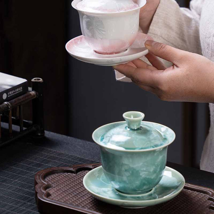 Buddha Stones伝統釉陶器蓋碗三彩ティーカップ カンフーティーカップ&ソーサー 蓋付き 180ml