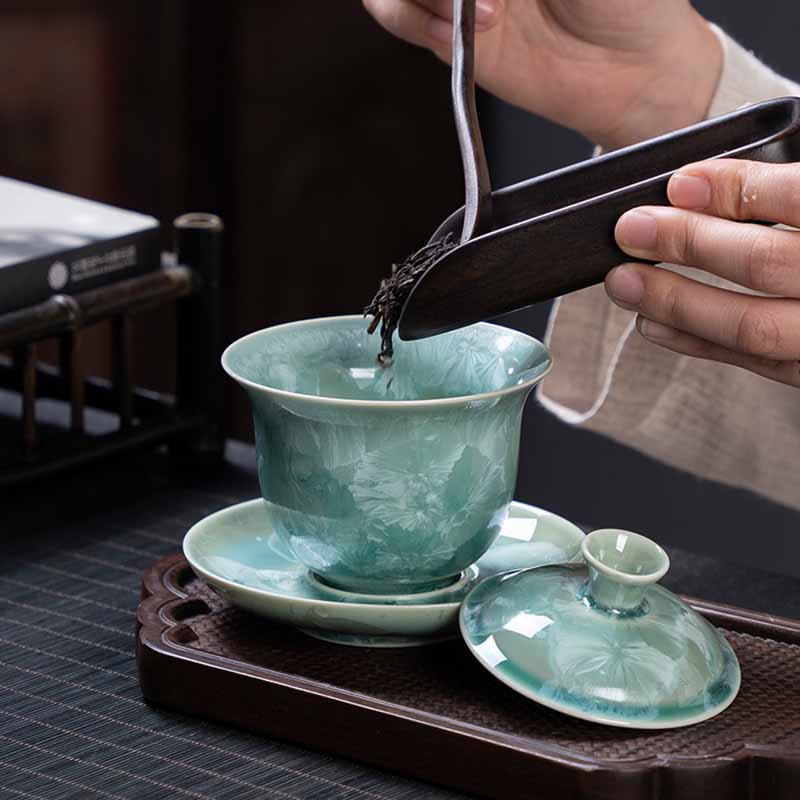 Buddha Stones伝統釉陶器蓋碗三彩ティーカップ カンフーティーカップ&ソーサー 蓋付き 180ml