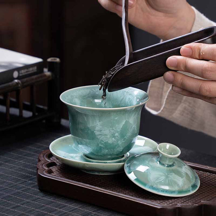 Buddha Stones伝統釉陶器蓋碗三彩ティーカップ カンフーティーカップ&ソーサー 蓋付き 180ml