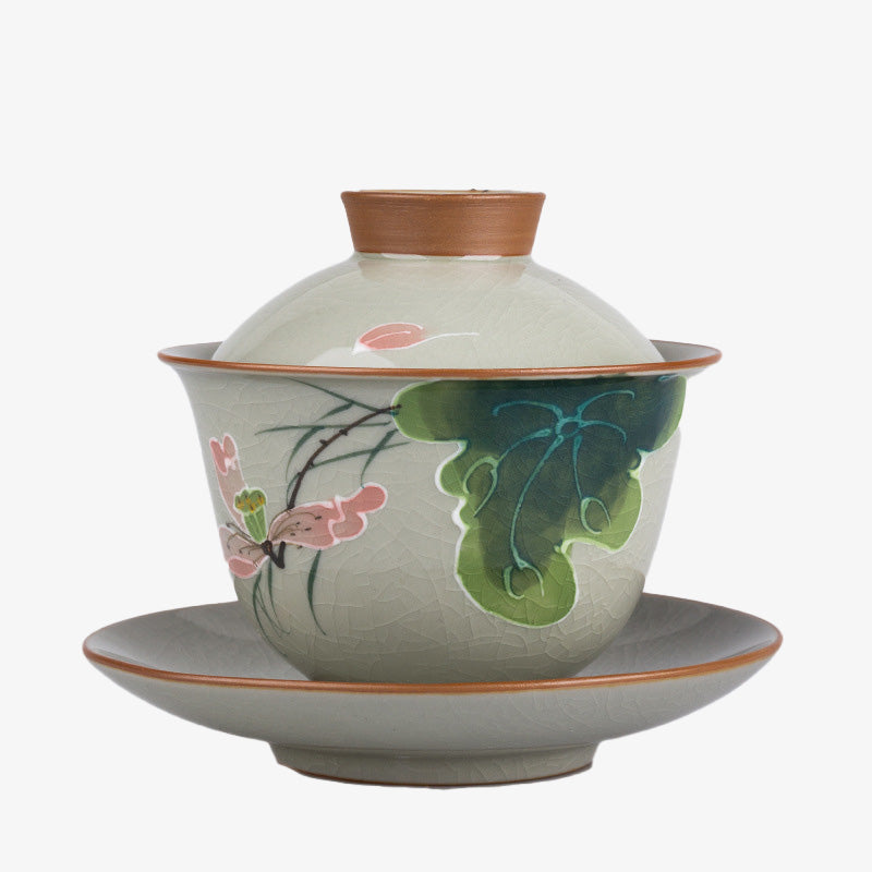 Buddha Stones蓮 鯉 ポッド 葉 セラミック 蓋碗 三彩 ティーカップ カンフー ティーカップ&ソーサー 蓋付き 140ml