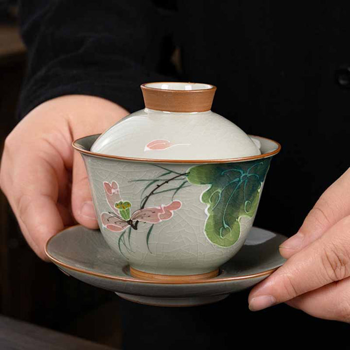 Buddha Stones蓮 鯉 ポッド 葉 セラミック 蓋碗 三彩 ティーカップ カンフー ティーカップ&ソーサー 蓋付き 140ml