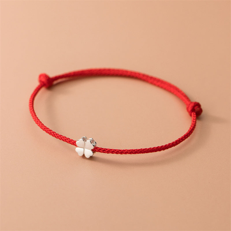 Buddha Stones925スターリングシルバー 四つ葉のクローバー レッドロープブレスレット