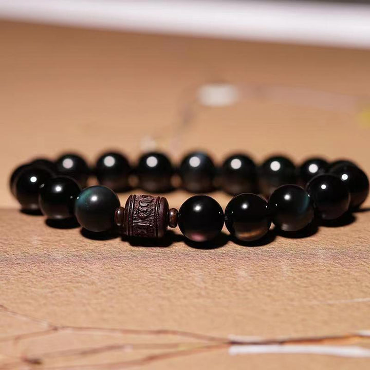 Buddha Stones天然ゴールド光沢オブシディアン レインボーオブシディアンオーム・マニ・パドメ・フムフーキャラクターヒーリングブレスレット