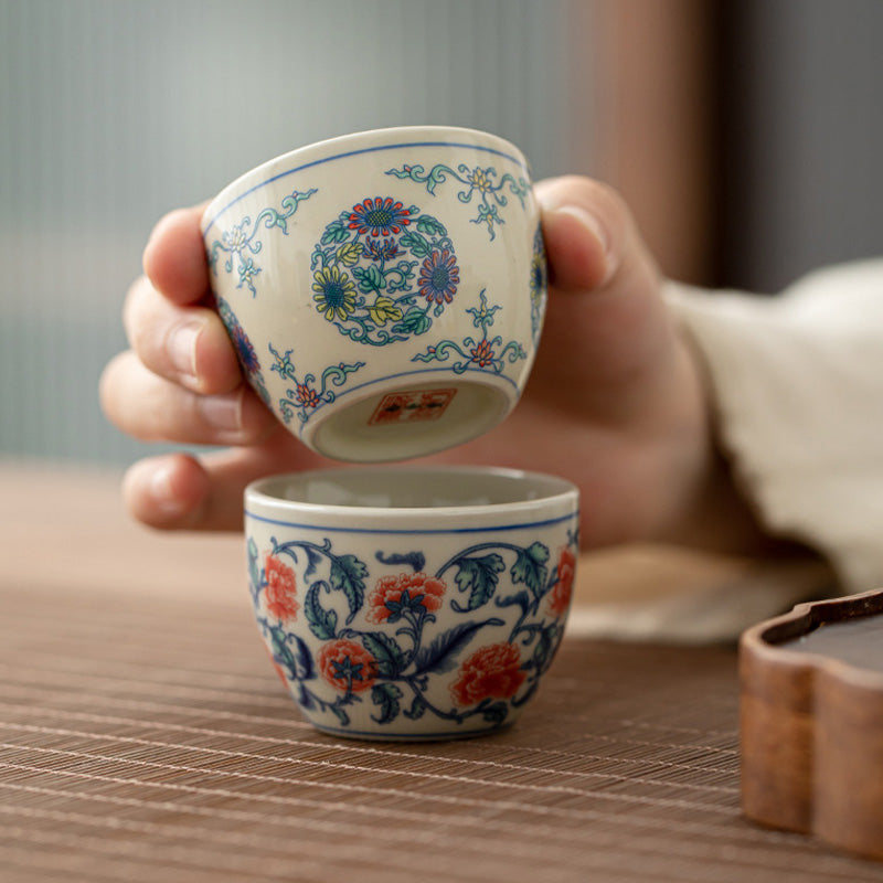 Buddha Stonesアロワナ牡丹ひまわり陶器ティーカップカンフーティーカップ60ml