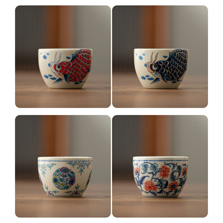 Buddha Stonesアロワナ牡丹ひまわり陶器ティーカップカンフーティーカップ60ml