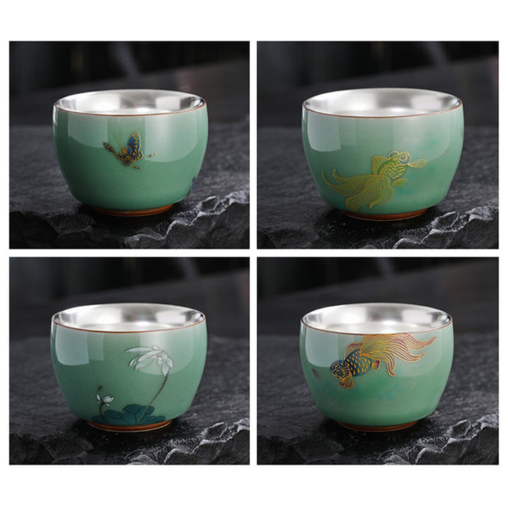 Buddha Stones蝶 金魚 蓮 鯉 陶器 ティーカップ カンフー ティーカップ 120ml