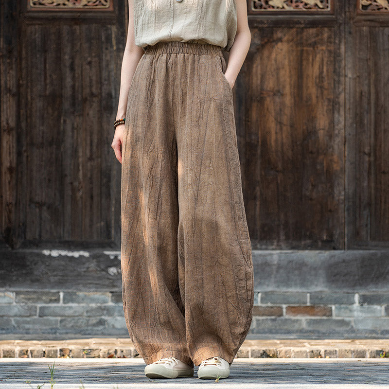 Buddha Stonesラミーコットンリネンパンツ タイダイデザイン ゆったり 禅ヨガ レディースパンツ ポケット付き - ブラウン(裏起毛) - US8-10、 UK/AU12-14、 EU40-42 (L)  - image 0