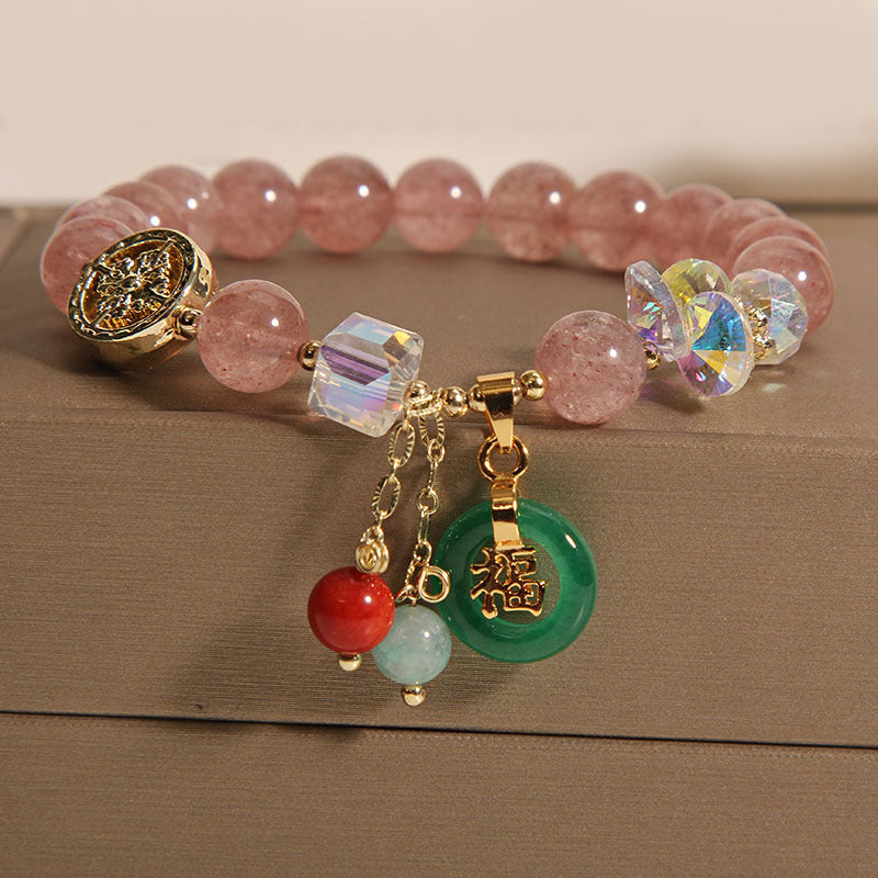 Buddha Stones ストロベリークォーツ&翡翠 福チャーム付き ヒーリングブレスレット