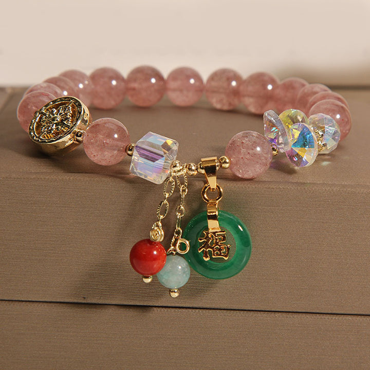 Buddha Stones ストロベリークォーツ&翡翠 福チャーム付き ヒーリングブレスレット
