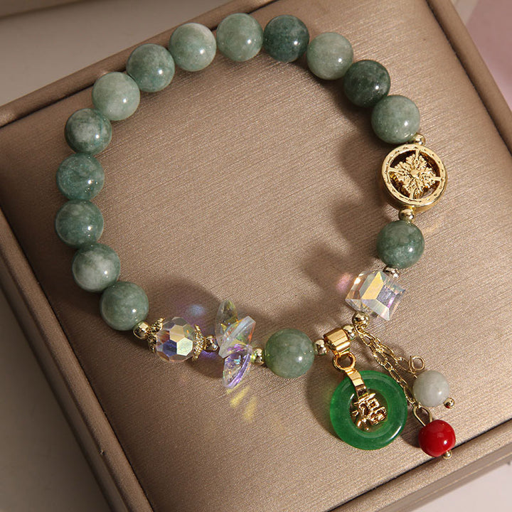 Buddha Stones ストロベリークォーツ&翡翠 福チャーム付き ヒーリングブレスレット