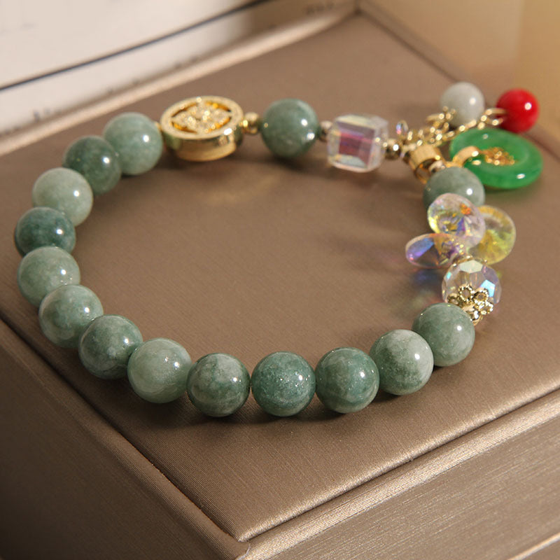 Buddha Stones ストロベリークォーツ&翡翠 福チャーム付き ヒーリングブレスレット